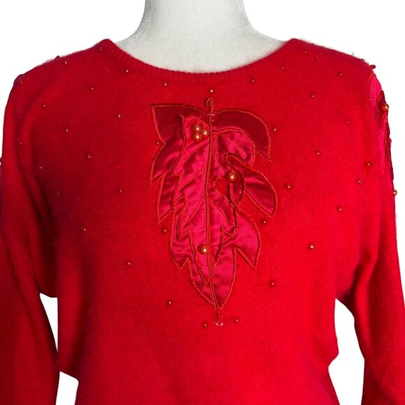 Vintage Fontaine Knit Red Angora Pullover Sweater Beaded Leaf Applique - Picture 2 of 7